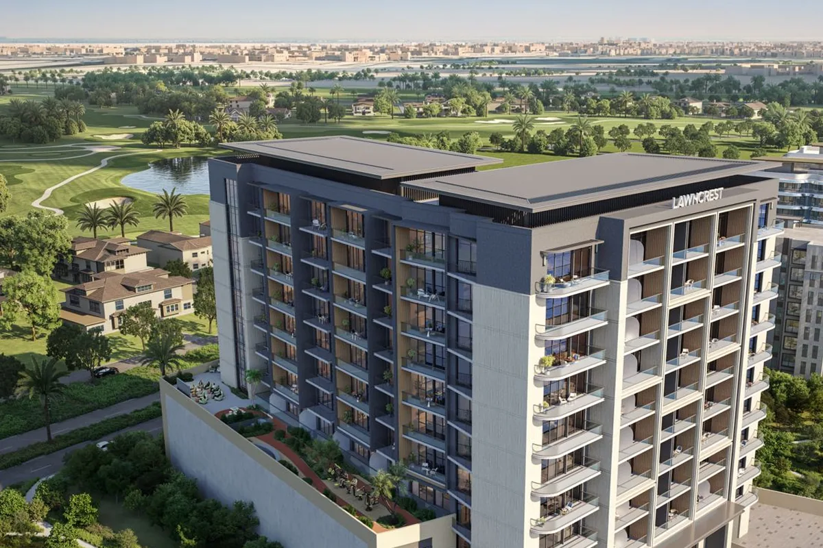 Illustration du promoteur : les fairways et lacs de Jumeirah Golf Estates, face à Lawncrest