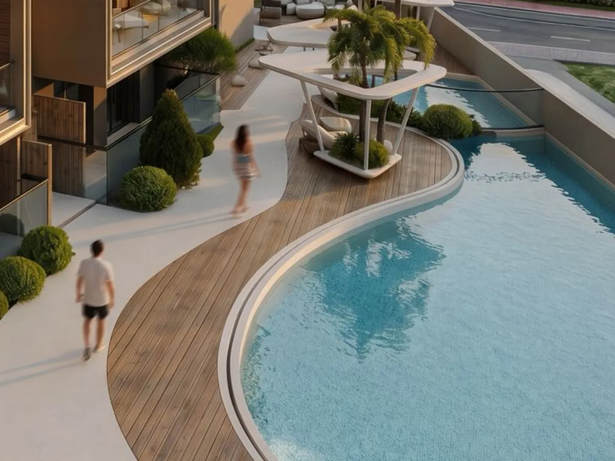 Illustration du promoteur : la piscine sur podium, ouverte sur le golf