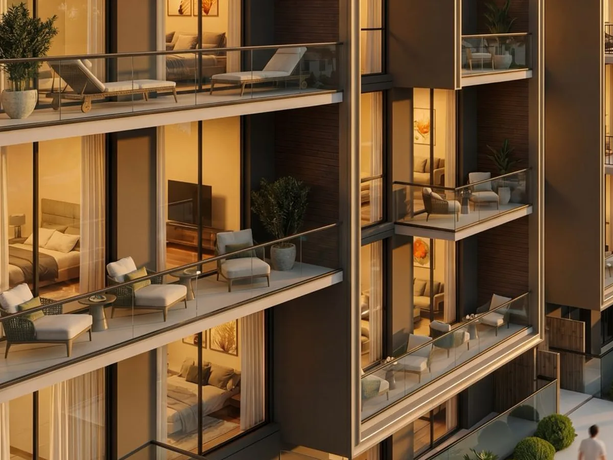 Illustration du promoteur : terrasses et balcons au coucher du soleil